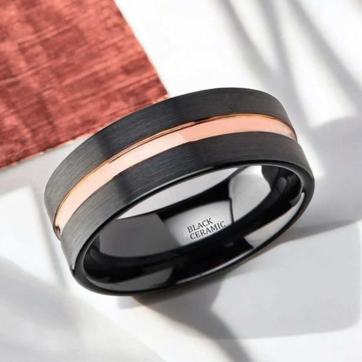 VENICE | Black Ceramic Ring, Rose Gold Groove, Flat