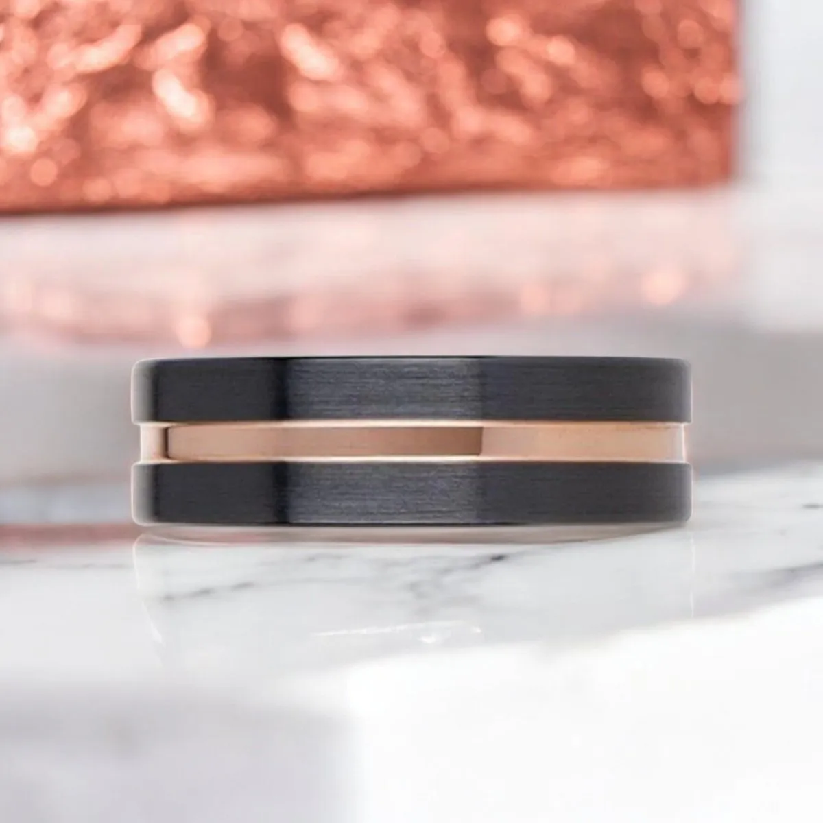 VENICE | Black Ceramic Ring, Rose Gold Groove, Flat