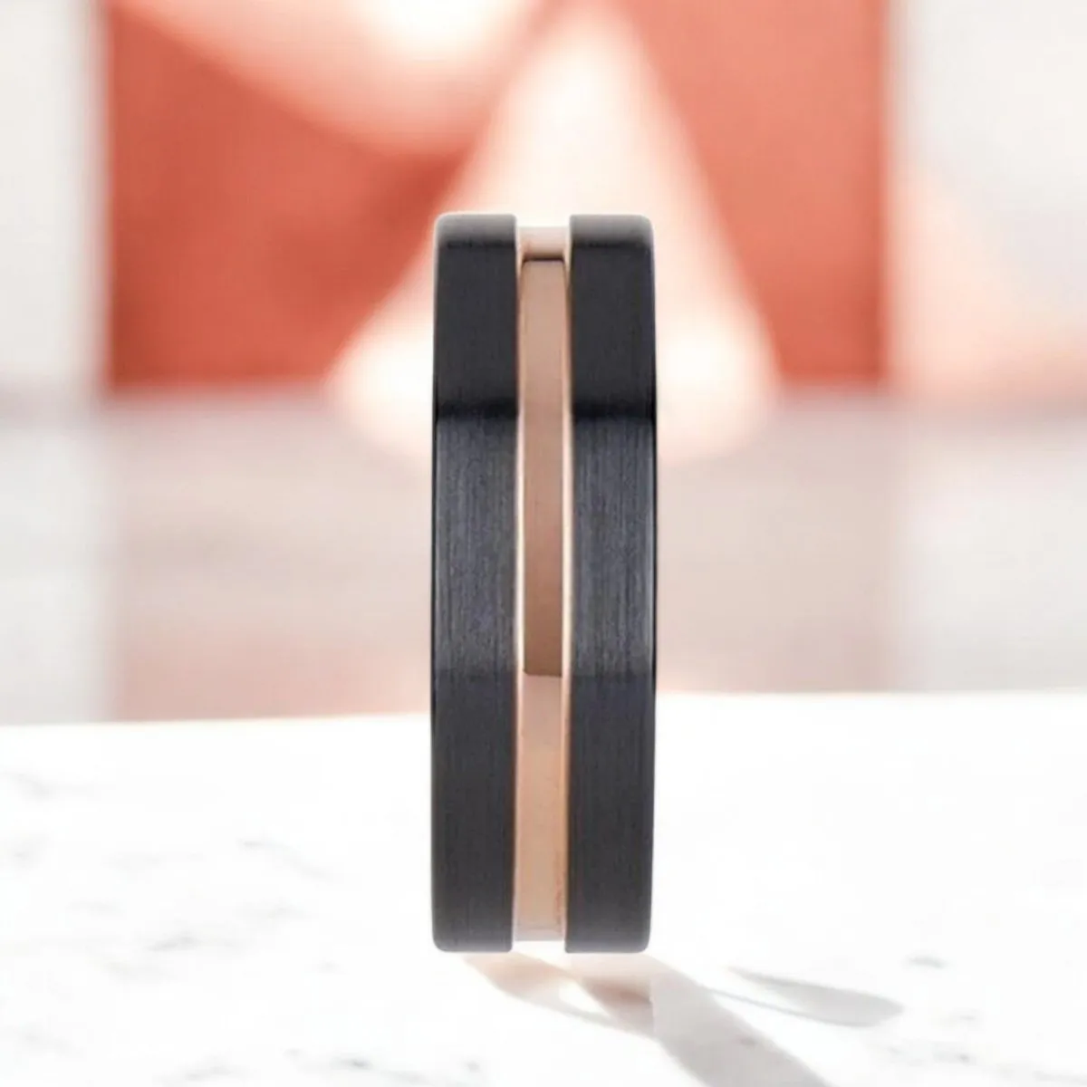 VENICE | Black Ceramic Ring, Rose Gold Groove, Flat