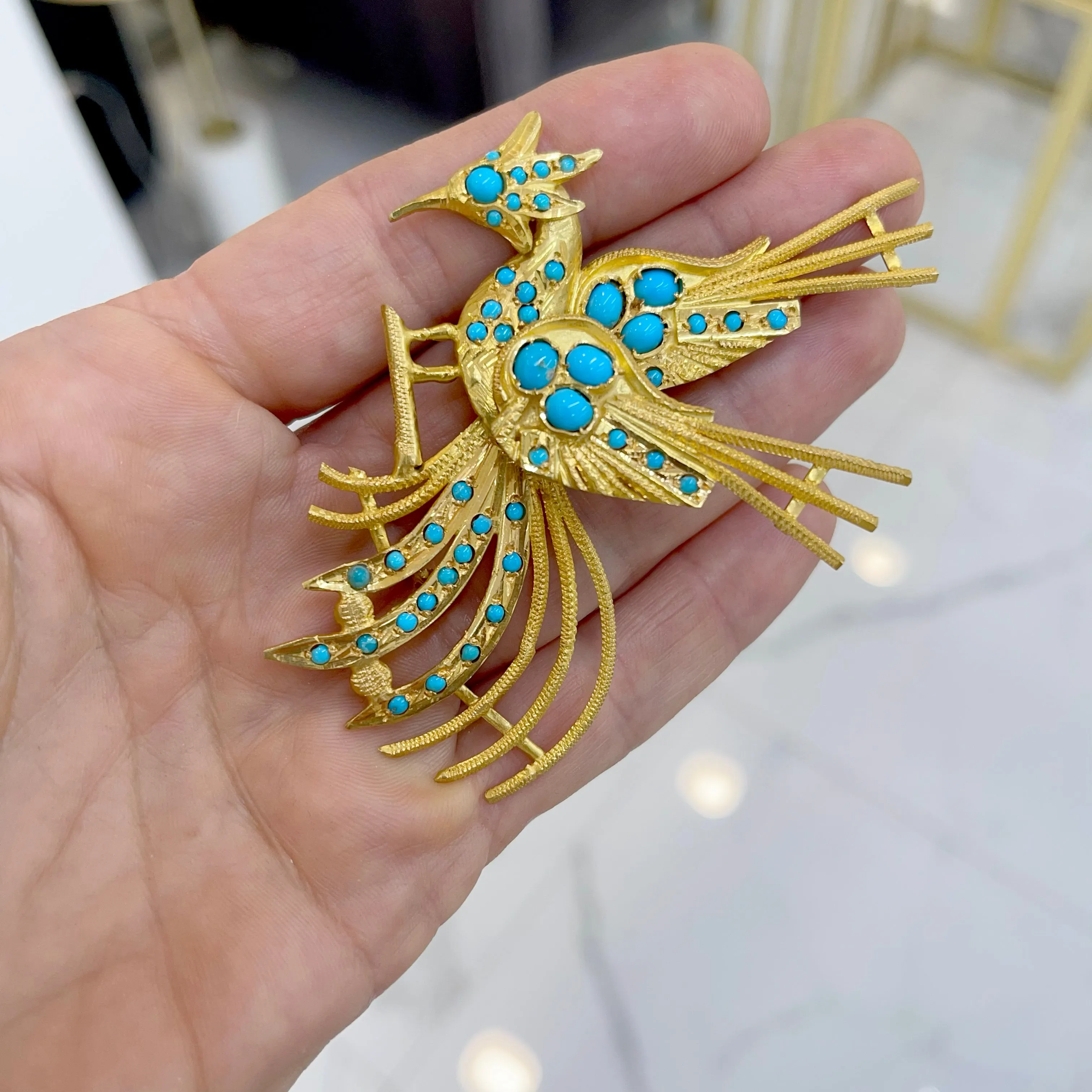 Victorian Antique 18K Yellow Gold Egyptian Golden Phoenix Turquoise Brooch