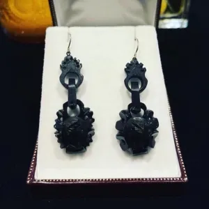 Victorian Whitby Jet Cameo Earrings