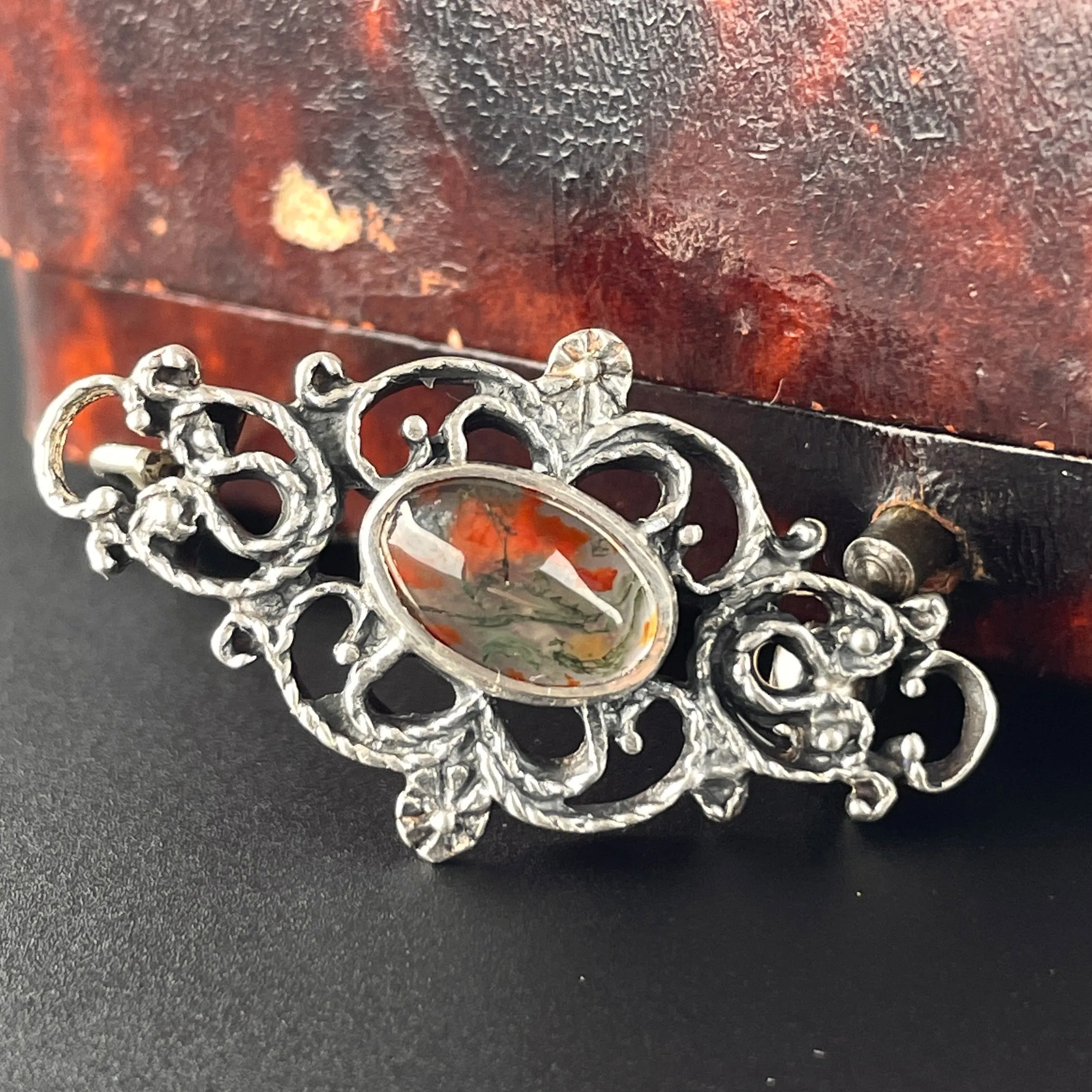 Vintage Arts and Crafts Silver Moss Agate Brooch Pin