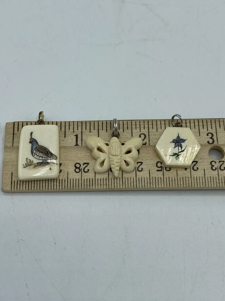 Vintage Petite Scrimshaw Pendants, lot of 3, Butterfly, Quail, Flower /r