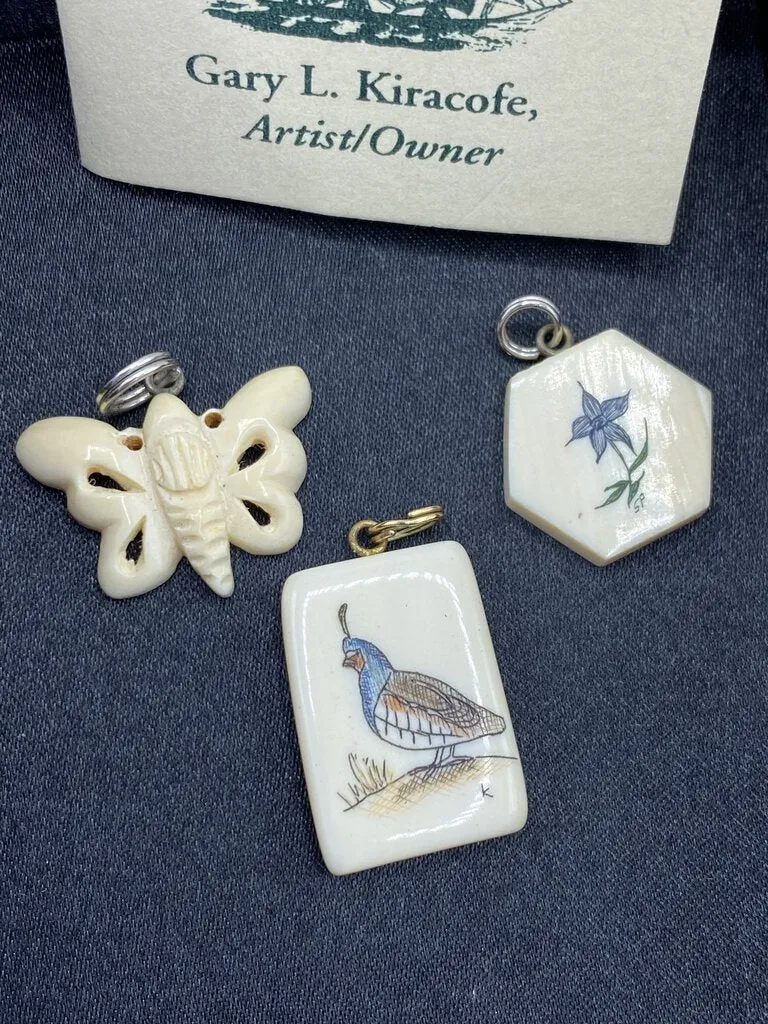 Vintage Petite Scrimshaw Pendants, lot of 3, Butterfly, Quail, Flower /r