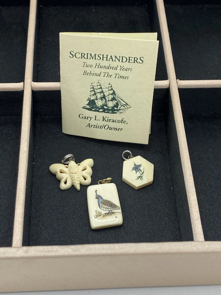 Vintage Petite Scrimshaw Pendants, lot of 3, Butterfly, Quail, Flower /r