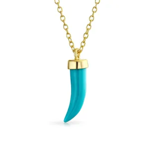 Western Gemstone Turquoise Cornicello Horn Pendant Necklace 14K Gold Plated Silver