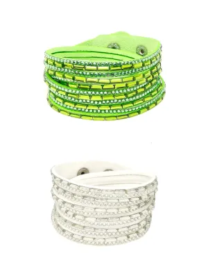 Yellow Chimes Combo Bracelets for Women 2 PCs Quirky Shiny Crystals White Green Color Wrap Wrist Band For Women and Girls