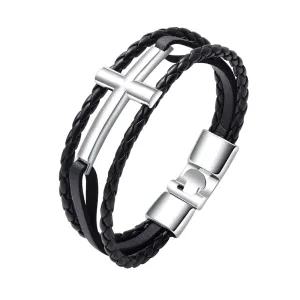 Yellow Chimes Leather Bracelet for Men Handmade Genuiner Black Leather & Stainless Steel Cross Wrist Band Bracelet for Men and Boys.